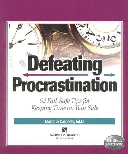 Image of a book cover with the title Defeating Procrastination.  There are images of clocks behind the book's title.