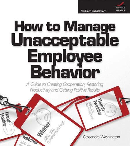 An image of a book cover titled How to Manage Unacceptable Employee Behavior.  There are images of employee badges on the cover.
