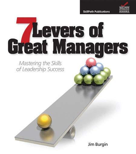 Image of a book cover with the title 7 Levers of Great Managers.  There is an image of a seesaw with metal balls on each end. 
