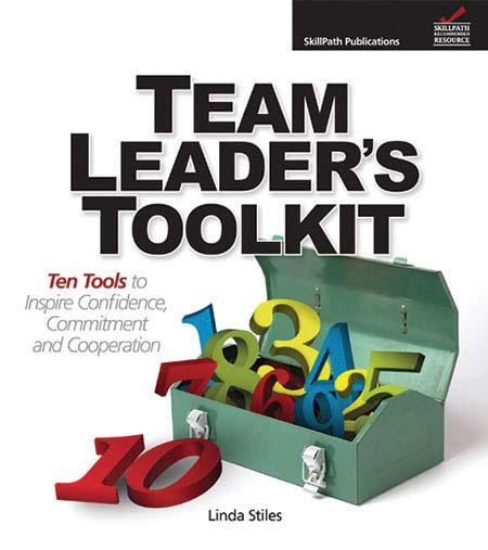 Image of a book cover with the title Team Leader's Toolkit.  There is an image of a toolbox with numbers inside at the bottom of the cover.