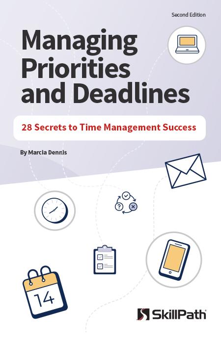 Image of a book cover with calendar, clock and mail on cover.  The title is Managing Priorities and Deadlines.