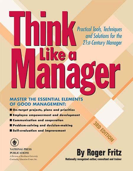 Image of a book cover with the title Think Like a Manager.  There are geometric images behind the title on the cover.