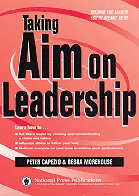 Image of a book cover with the title Taking Aim on Leadership.  The cover is red with a circular graphic behind the title.