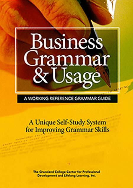 Image of a book cover with the title Business Grammar & Usage.  The image is of a hand writing with a pencil on a piece of paper.