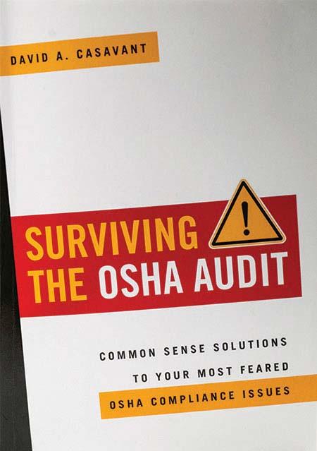Image of a book cover with the title Surviving the OSHA Audit.  There is an image of a yellow triangle with an exclamation mark inside the triangle.