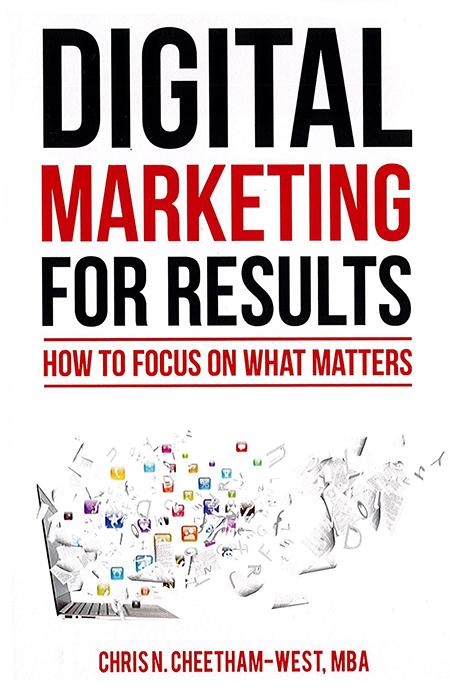 Image of a book cover with the title Digital Marketing For Results.  There is an image of graphics on a laptop computer screen.