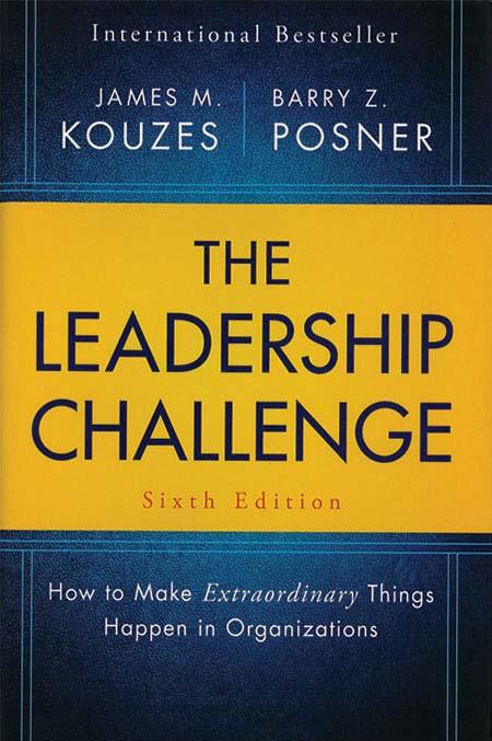 Image of a book cover with the title Leadership Challenge.  The cover is blue yellow color block where the title resides.