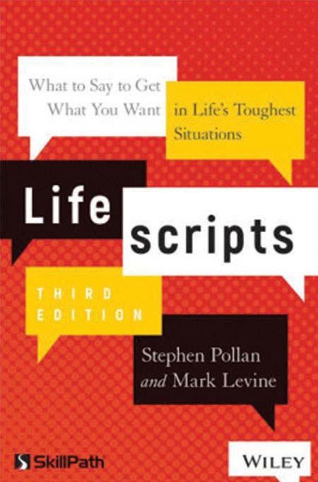 Image of a book cover with the title Lifescripts. There are images of quote blocks in white, black and yellow on the cover.