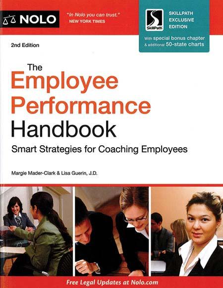 Image of a book cover with the title The Employee Performance Handbook.  There are three images of people in workplace situations at the bottom of the cover.