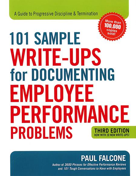 Image of a book cover with the title 101 Sample Write-Ups for Documenting Employee Performance Problems.  The cover is blue, white and green with large block letters.