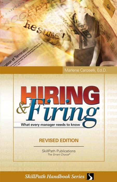 Image of a book cover with the title Hiring & Firing.  There is an image at the top of a business professional .