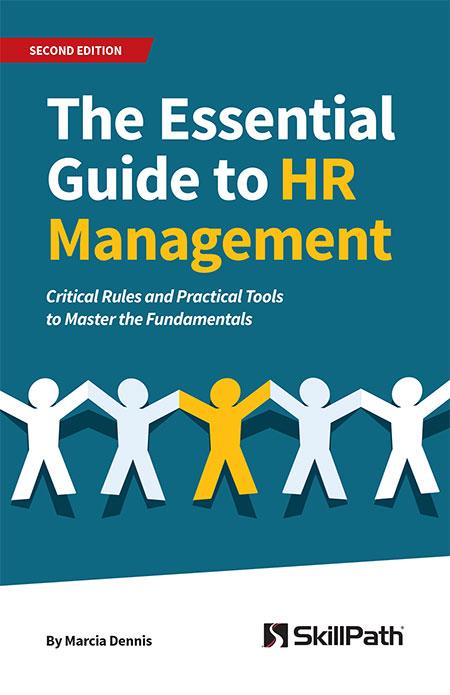 Image of a book cover with the title The Essential Guide to HR Management.  There is a an image of paper dolls on the cover.
