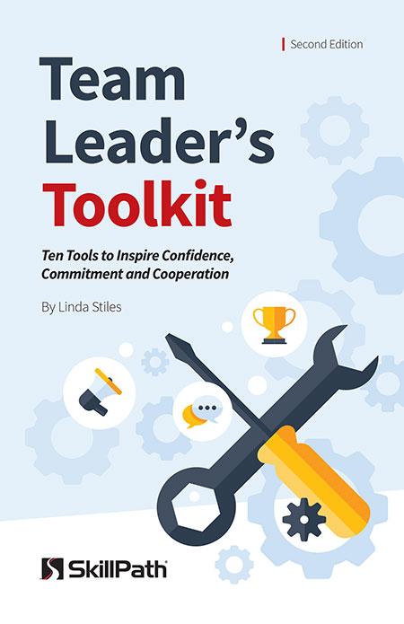 Image of a book cover with the title Team Leader's Toolkit.  There are images of a wrench and a screwdriver on the cover.
