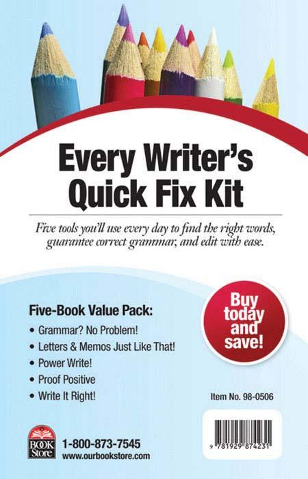 Image of a book cover with the title Every Writer's Quick Fix Kit. There are images of colored pencils at the top of the cover.