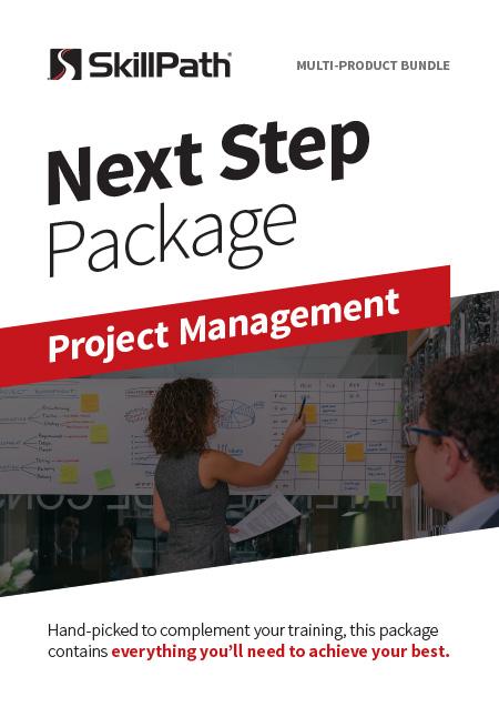 Image of a book cover with the title Next Step Package Project Management.  There is an image of a project manager writing on a whiteboard.