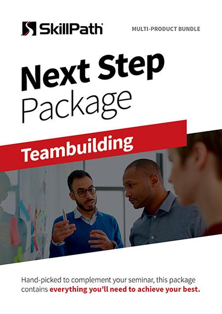 Image of a book cover with the title Next Step Package Teambuilding.  There is an image of a group of professionals talking in a workplace setting.