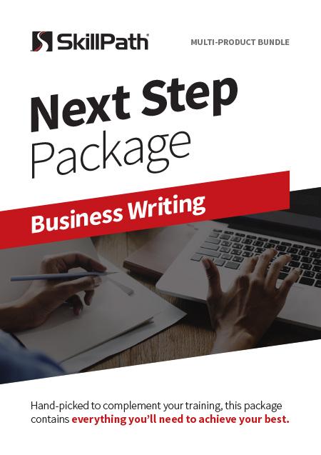 Image of a book cover with the title Next Step Package Business Writing. There is an image of a person typing on a laptop.