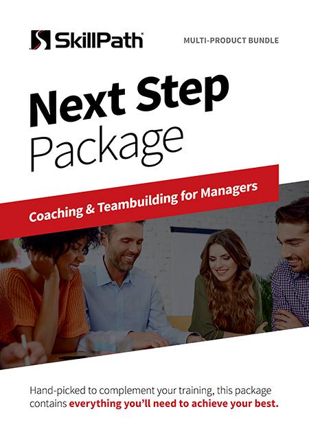 Image of a book cover with the title Next Step Package Coaching & Teambuilding for Managers.  There is an image of a group of coworkers talking around a conference table.