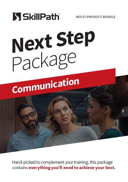 Image of a book cover with the title Next Step Package Communication.  There is an image of coworkers talking on the cover