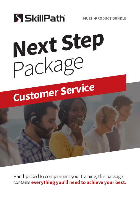 Image of a book cover with the title Next Step Package Customer Service.  There is an image of customer service professionals talking with headsets on.
