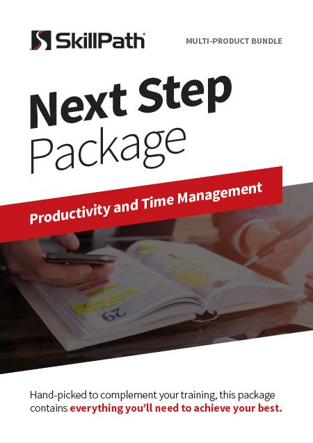 Image of a book cover with the title Next Step Package Productivity & Time Management. There is an image of a calendar also on the cover.
