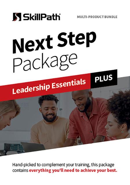 Image of a book cover with the title Next Step Package Leadership Essentials title. There is an image of a group of coworkers gathered around a laptop.