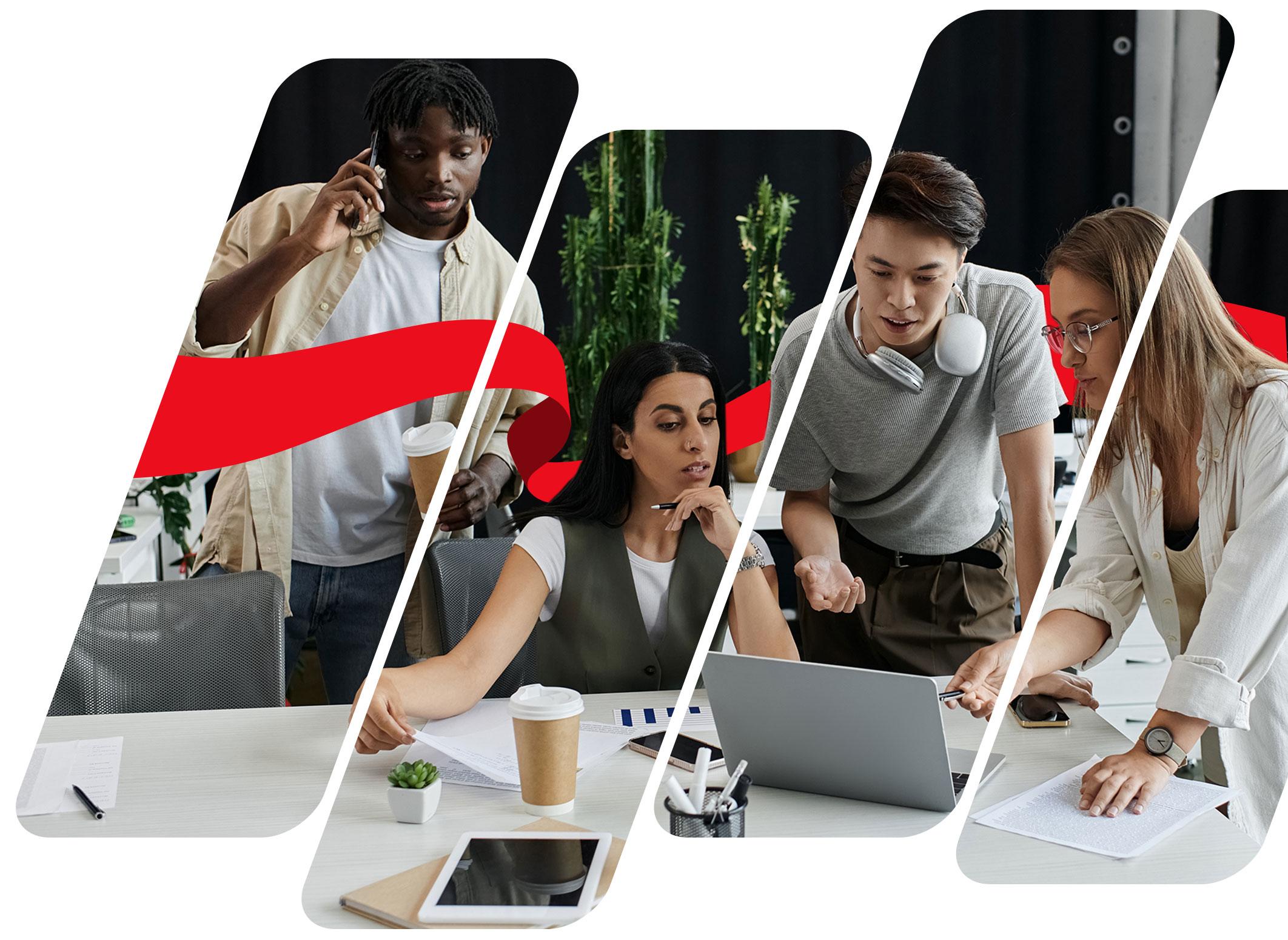 A diverse business team working together to solve a project bottleneck