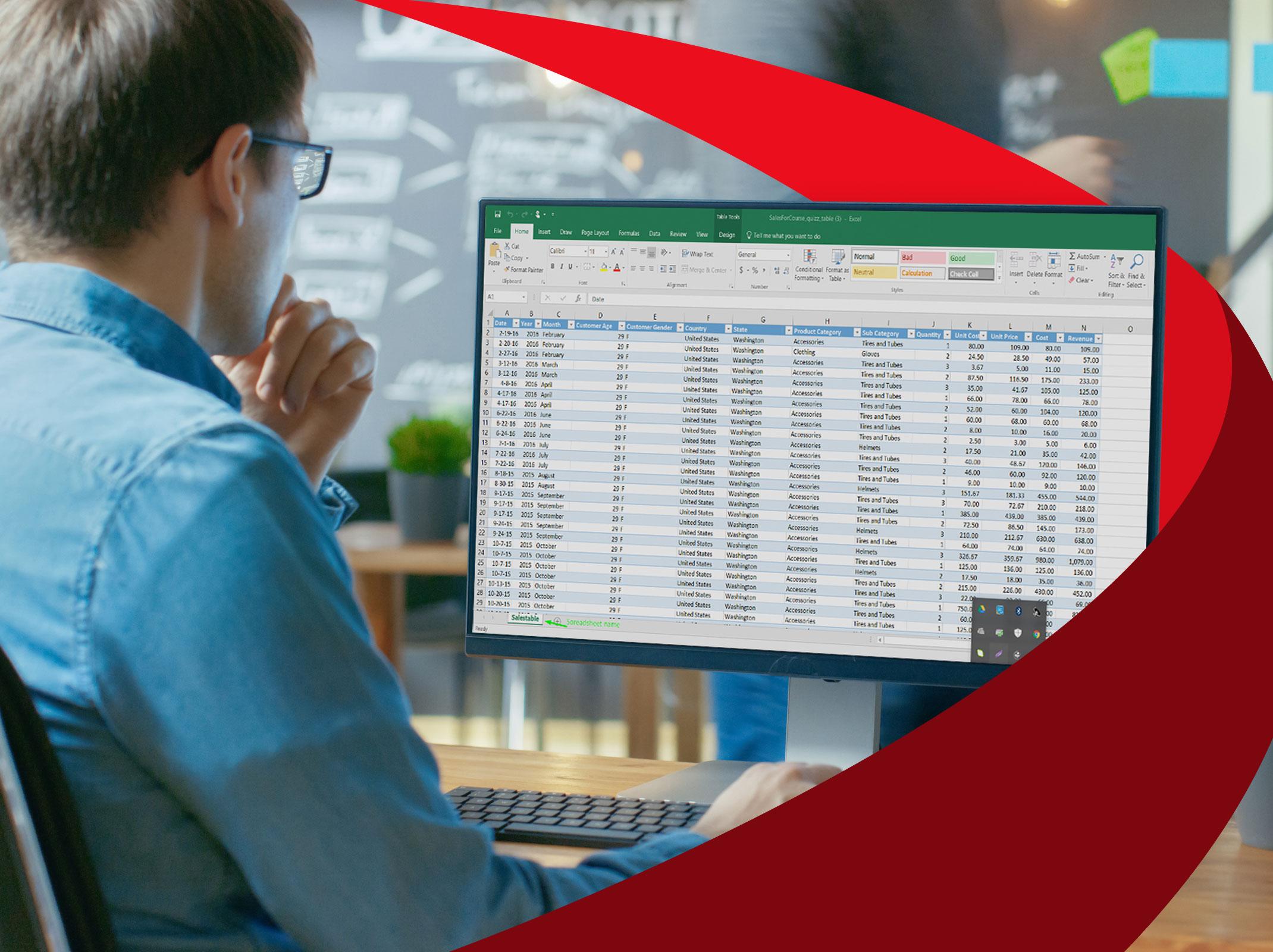 Business professional creating and using Excel PivotTables to analyze data