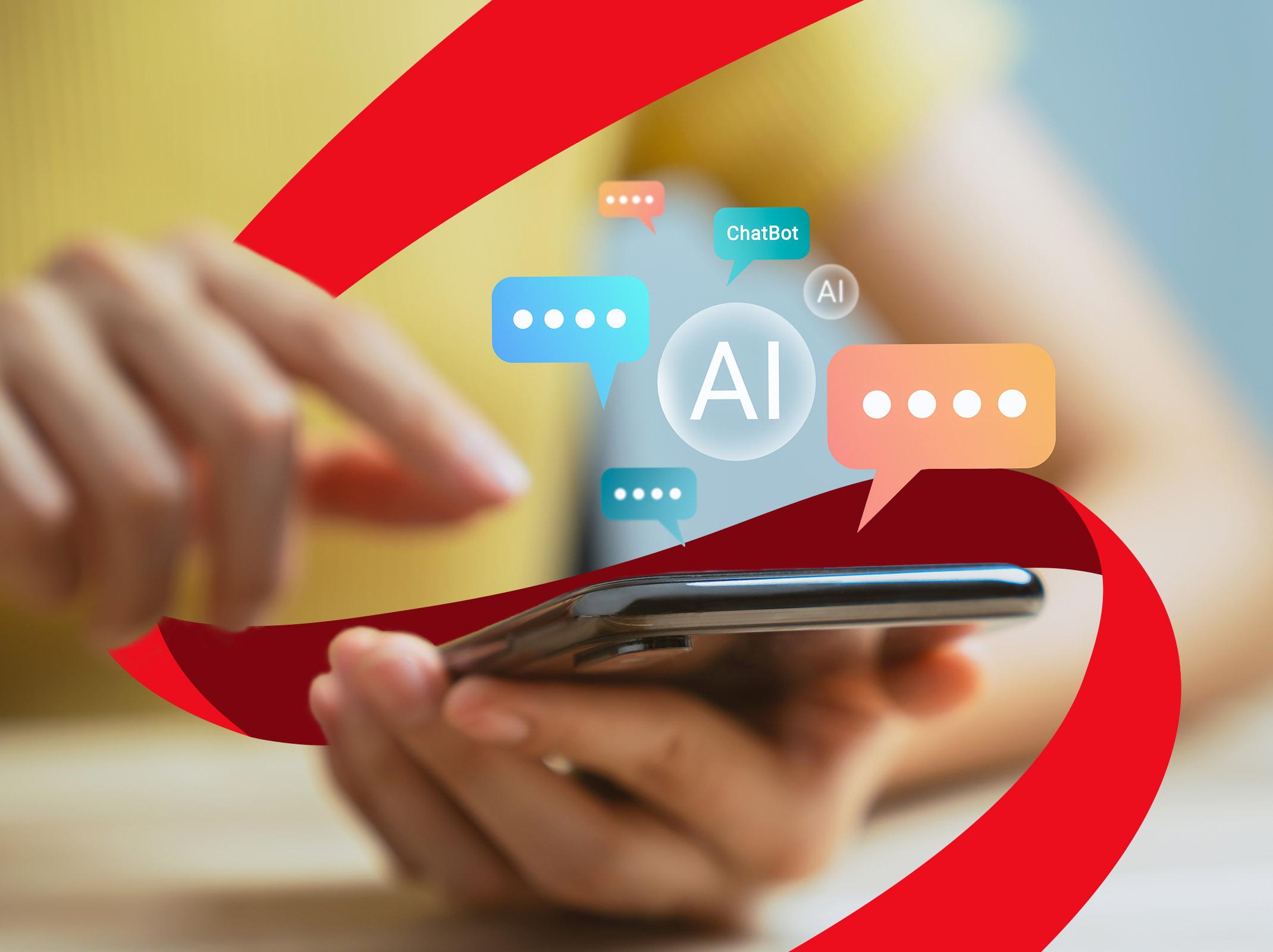Person using a smartphone with AI chat bubbles representing ChatGPT conversations.