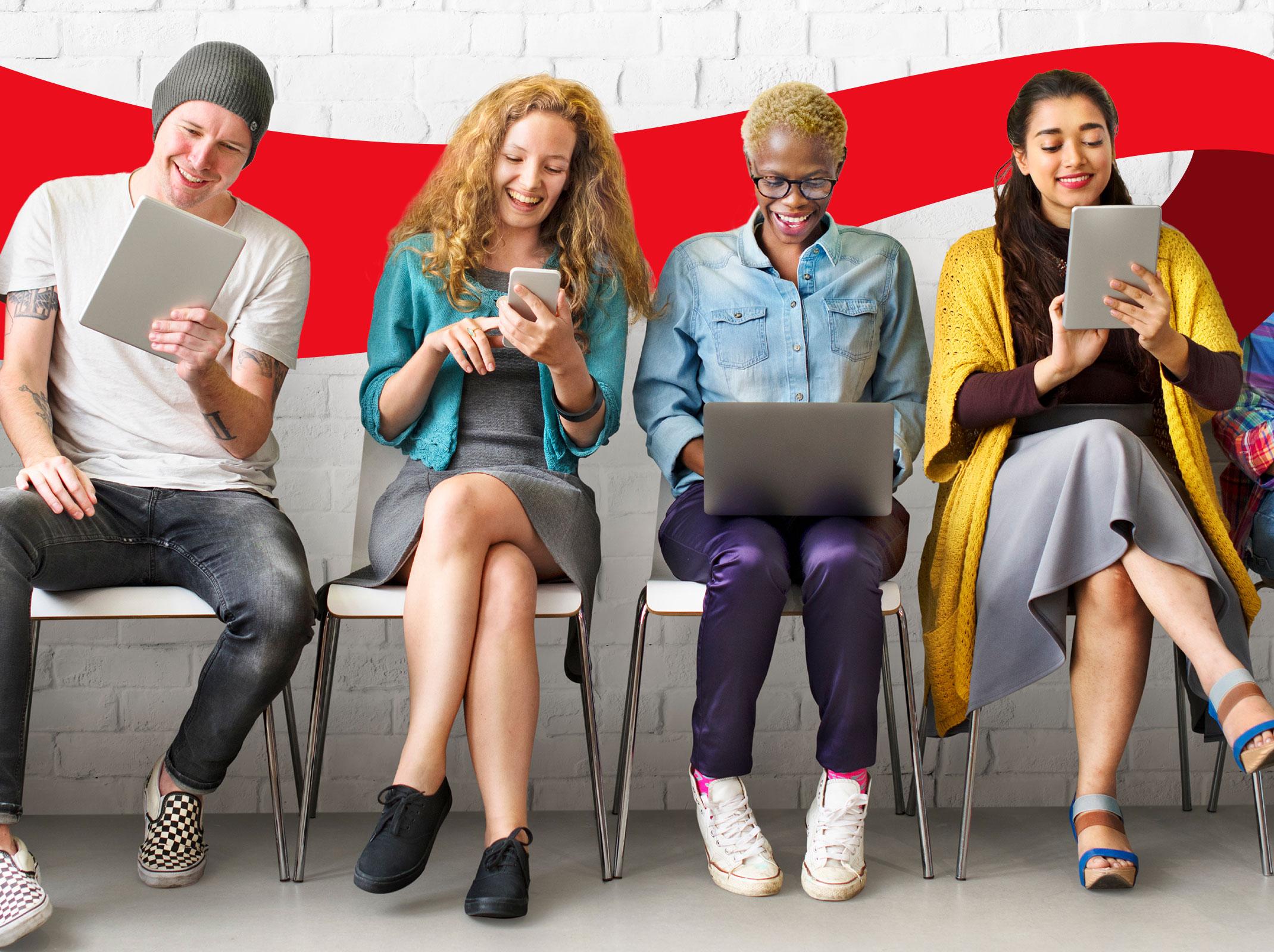 Image of individuals sitting on chairs viewing social media on different types of devices.